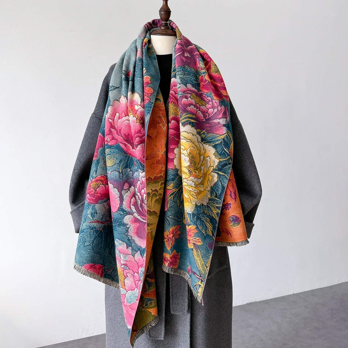 Women'S Fashion Poncho - Warme Kasjmier Sjaal Vrouwen Sjaal Bloemenprint