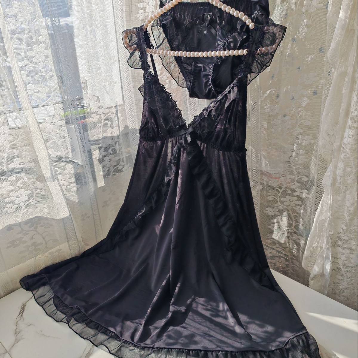 Spaghetti Strap Dress - Vrouwen Zwart Ijs Zijde Nachtjapon Set