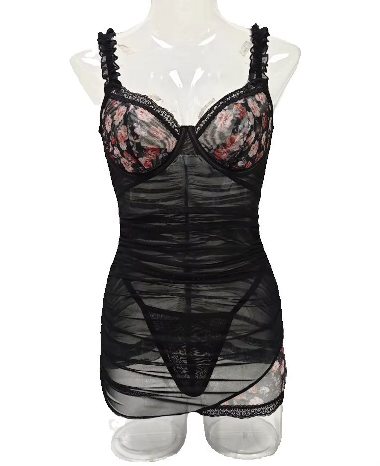 Spaghetti Strap Dress - Dames kanten lingeriejurk met ruches, spaghettibandjes,