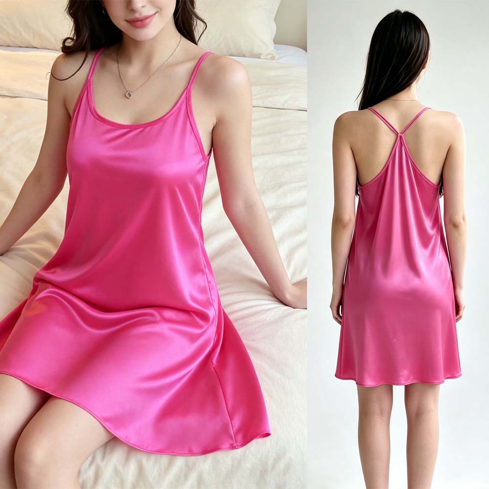 Spaghetti Strap Dress - Roze sexy damesjurk voor thuis, spaghettibandjurk,